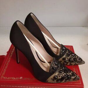 Rene Caovilla Black Satin and Lace Pizzo Pumps Size 41